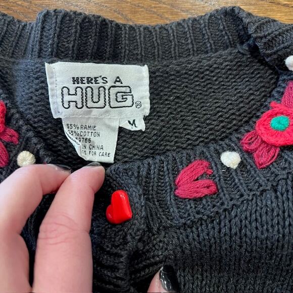 VTG 90s Heres A Hug Embroidered Cardigan Sweater Womens M Cottage Hearts Bows - Picture 4 of 10